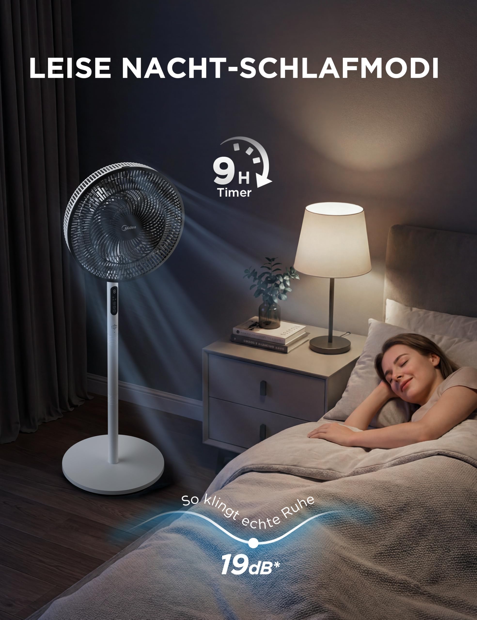 Midea Standventilator Leise mit Fernbedienung FS35-26XRD(BW), 3 Geschwindigkeitsstufen,LED Anzeige, 7,5H Timer, höhenverstellbar, 80°Oszil-lationsfunktion, 55W, Weiß, Zirkulator, 30-60-80-110cm 4