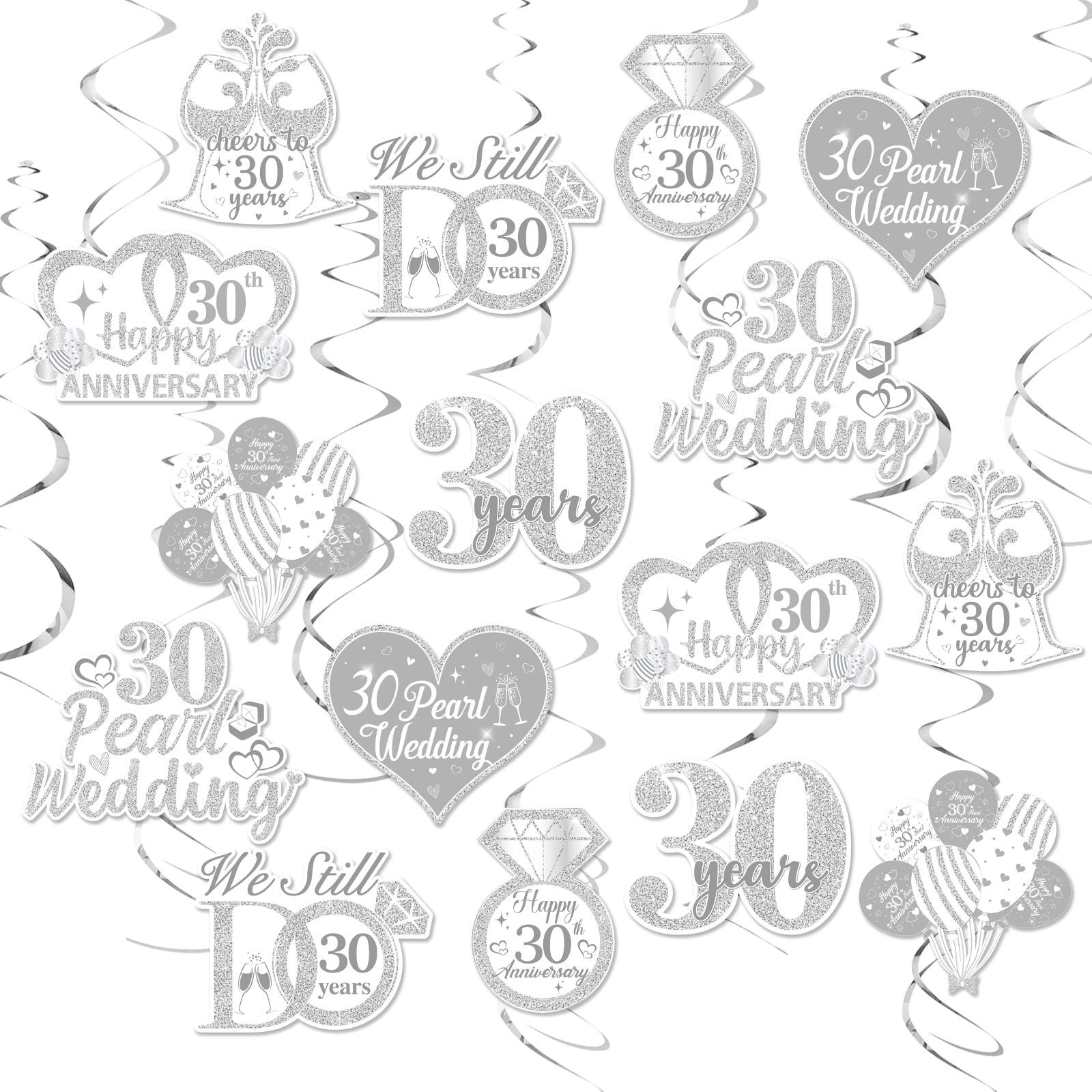 Cheereveal 24 Pieces 30th Wedding Anniversary Decorations, 30th Pearl Wedding Anniversary Hanging Swirls, Ceiling Decorations for Couple, Happy Anniversary Valentine Party Supplies