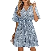KIRUNDO Womens Summer Dresses 2026 Casual Spring Short Sleeve V Neck Ruffle Floral Print High Waist Belted Flowy Mini Dress