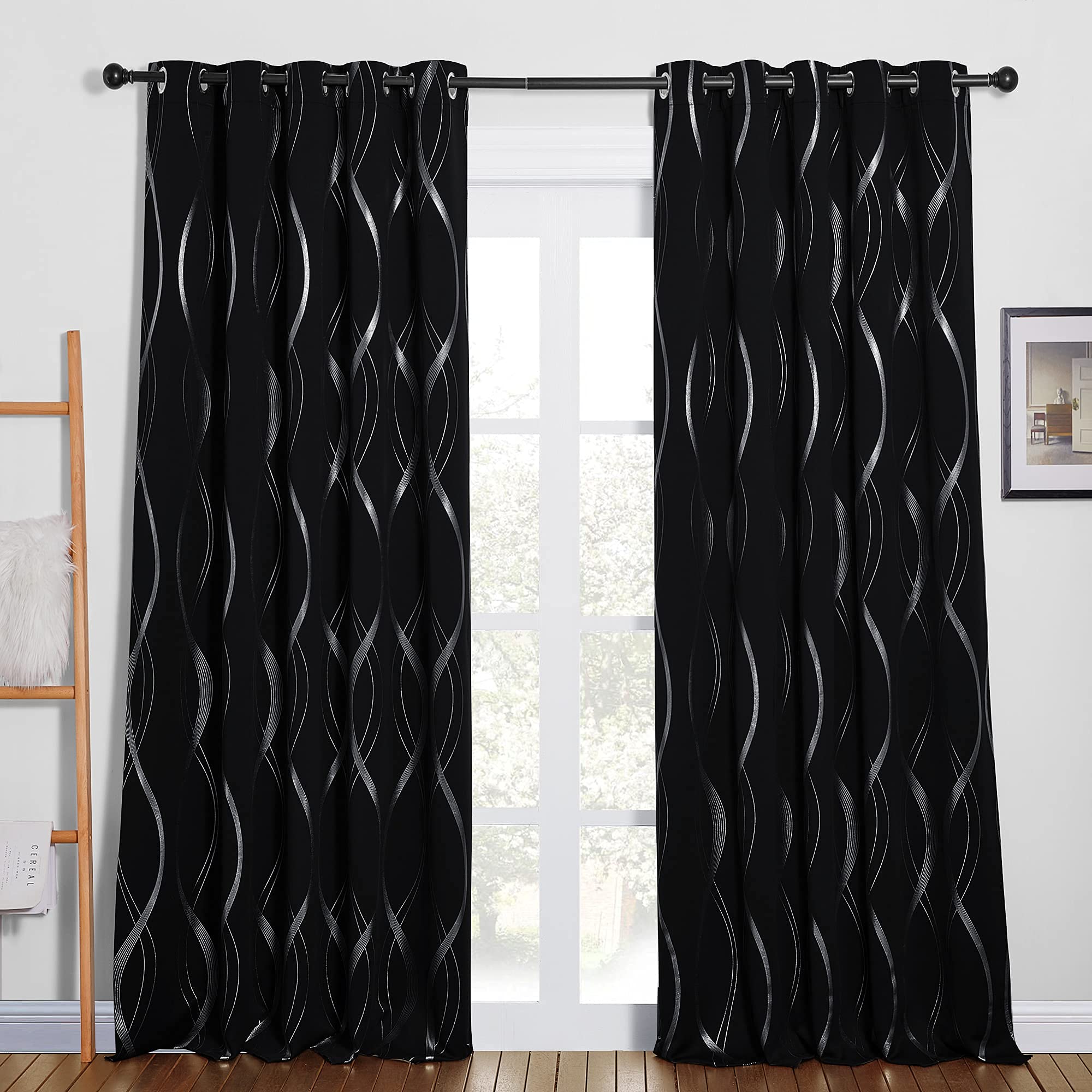 PONY DANCE Blackout Foil Curtains for Living Room - Thermal 90 drop, Silver Wave Line Foil Printed Decorative Bedroom Curtains for Kids, Black, 66 Inch Wide, 2 Panel Window Drapes