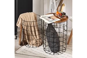 oneinmil Nesting End Table with Storage, Side Tables Wire Basket Table with Lid, Round End Table with Removeable Top and Steel Frame for Living Room, Bedroom, Office, Rustic