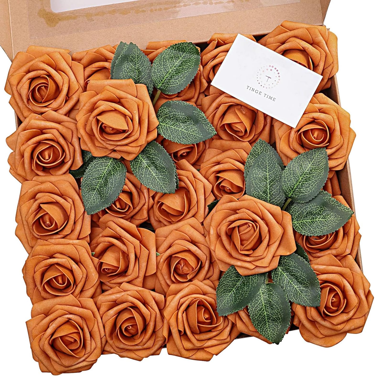 Photo 1 of TINGE TIME Burnt Orange Flowers Artificial Rose, 25pcs Faux Flowers for Decorations, Fake Foam Roses Bulk with Floral Arrangements Wedding Bouquets Bridal Shower Party Home Decor