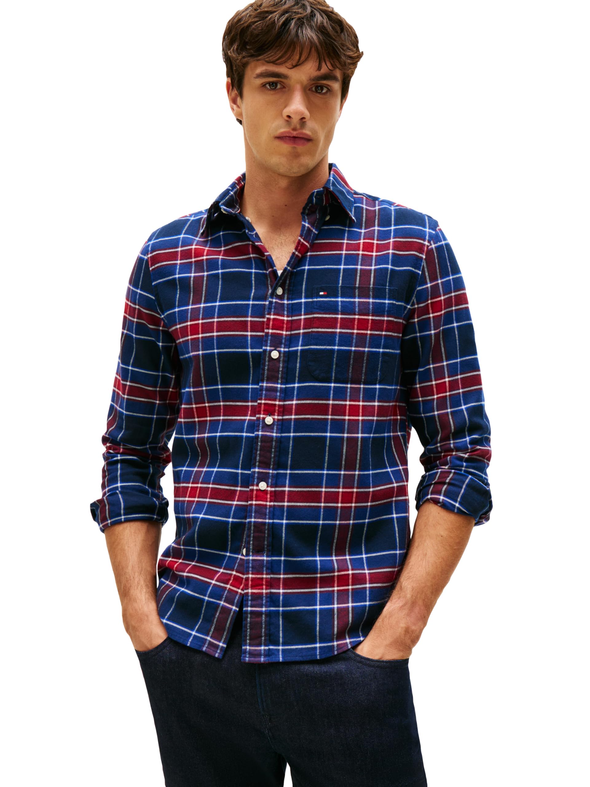 Tommy Hilfiger Men's Flanel Tartan Check Regular Long Sleeve Shirts, Preppy Navy/Check Small Image