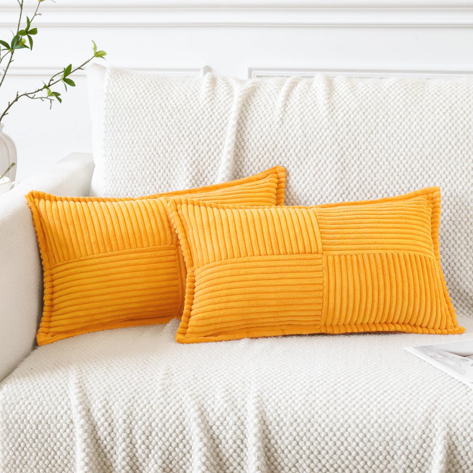 Artscope Corduroy Cushion Covers Pack of 2 Modern Patchwork Throw Pillow Covers Soft Pillowcase Broadside Decorative Textured Cushions for Home decor Sofa Bedroom Couch Yellow 30x50cm โ image 1