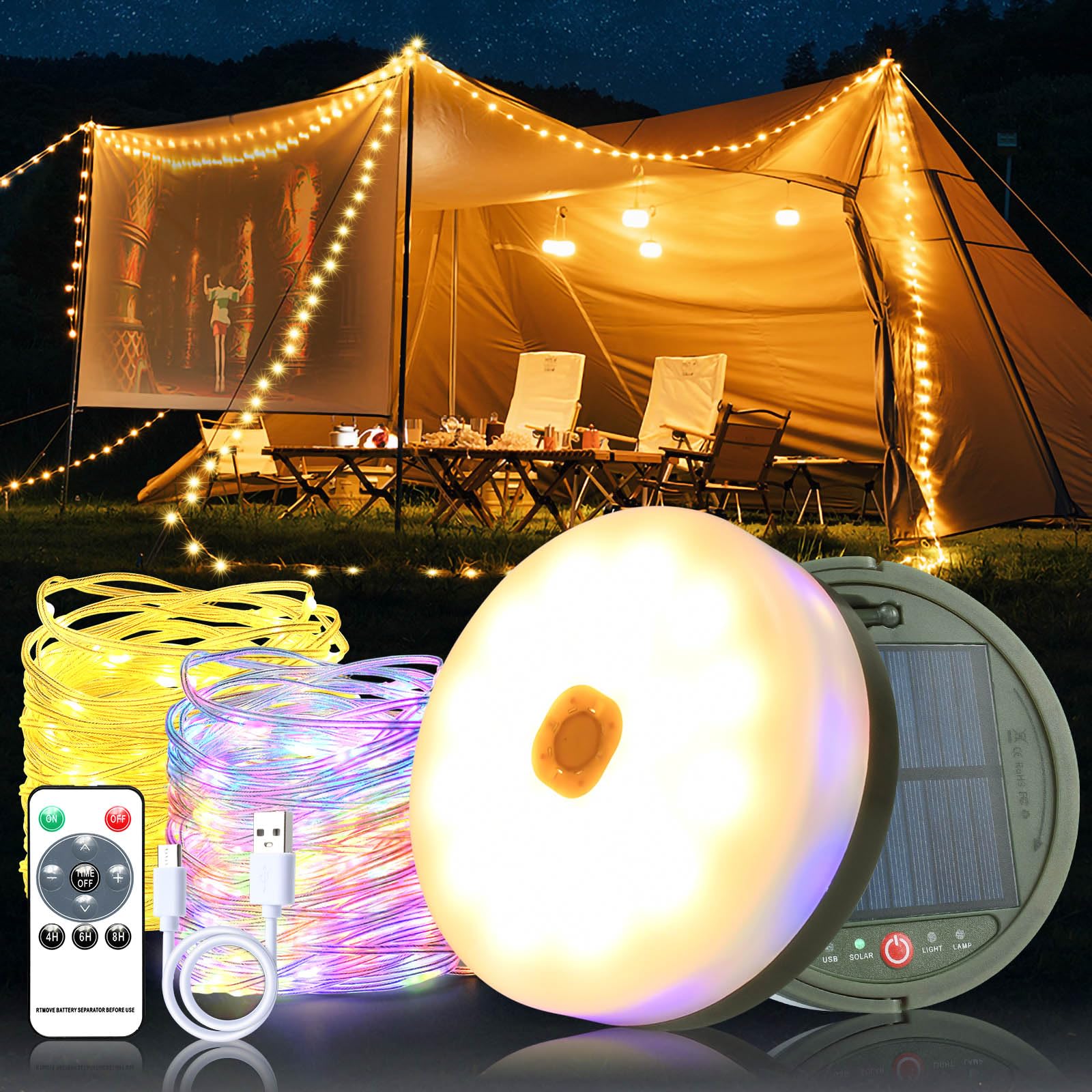 Solar Outdoor Camping String Light RGBW 10m 100 LED Waterproof IP65 for Tent, Tree, Party, Wedding, Christmas - Stowable Fairy Reel