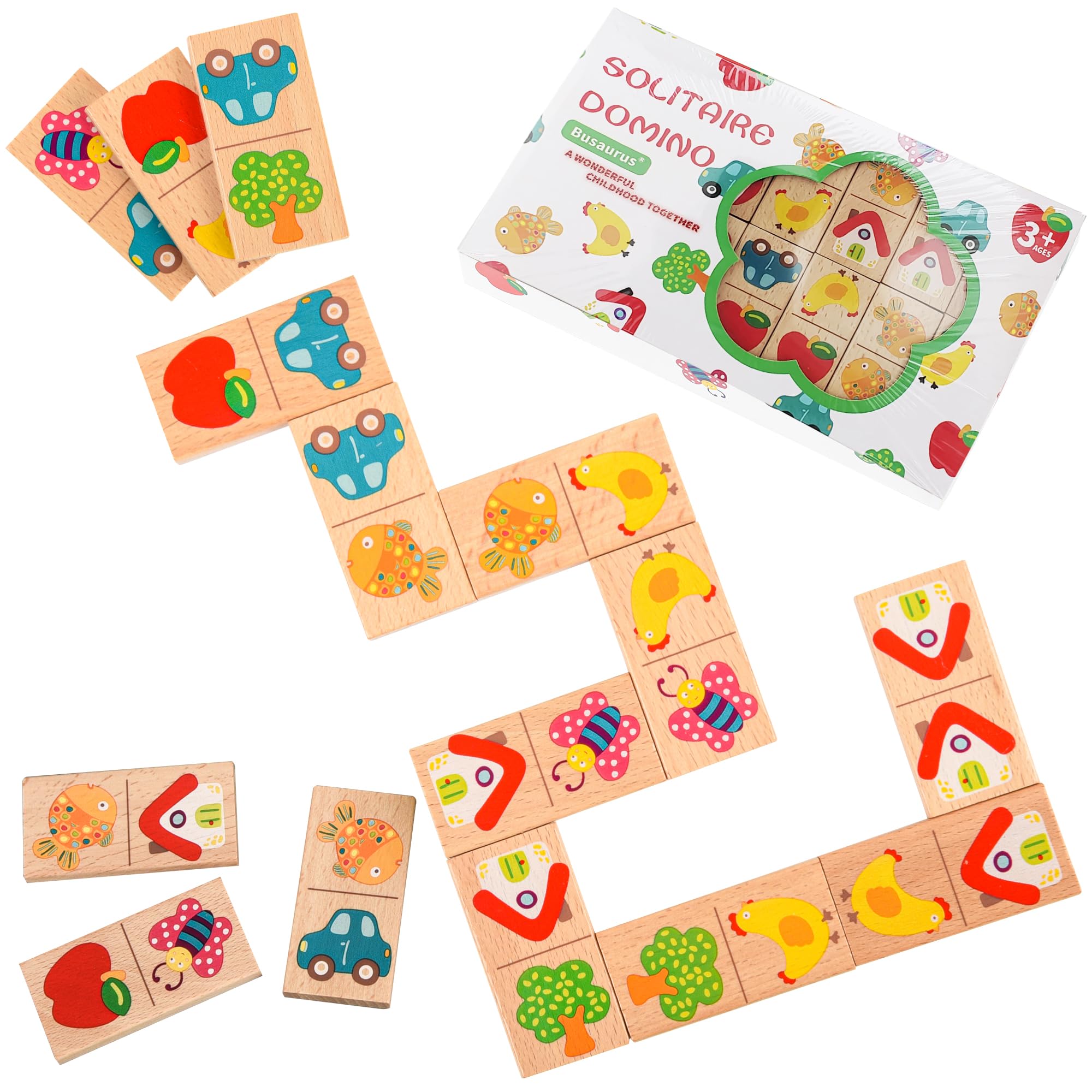 28 Pcs Wooden Domino Puzzle Game - Multicolor Fruit & Animal Design, Educational Family Logic and Thinking Skill Development Toy, Children's Dominoes with Pictures, Gifts for Preschool and Age 3+