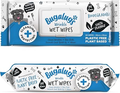 BUGALUGS Wrinkle Wipes for Dogs 80 Biodegradable Skin Care Paw Ear Face
