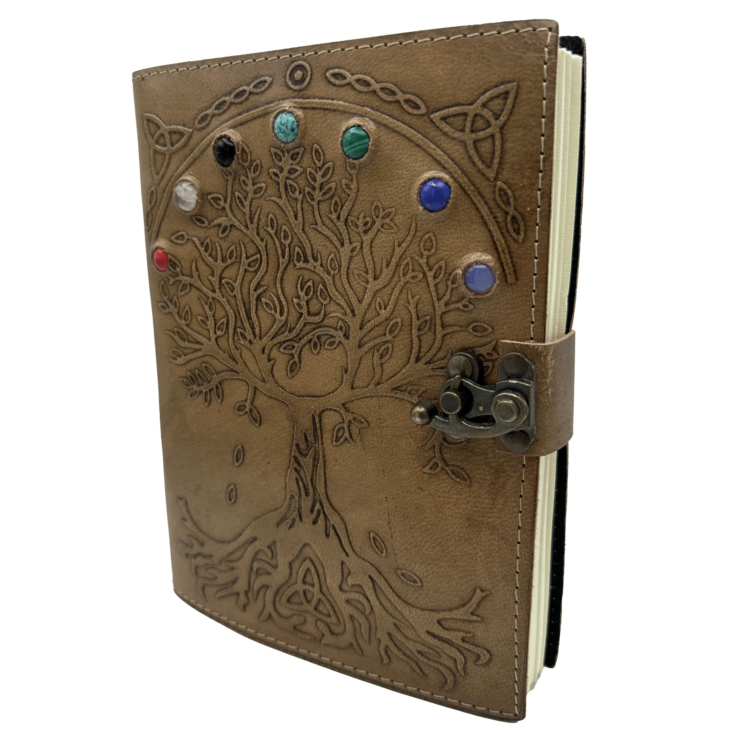 Handmade Leather Grimoire Journal – Spell Book of Shadows for Witchcraft, Wicca, Witch Diary & Notebook – Vintage Blank Journal for Spells and Ritual Notes , 17 x 12 cm (Earth Brown Tree with Stones)