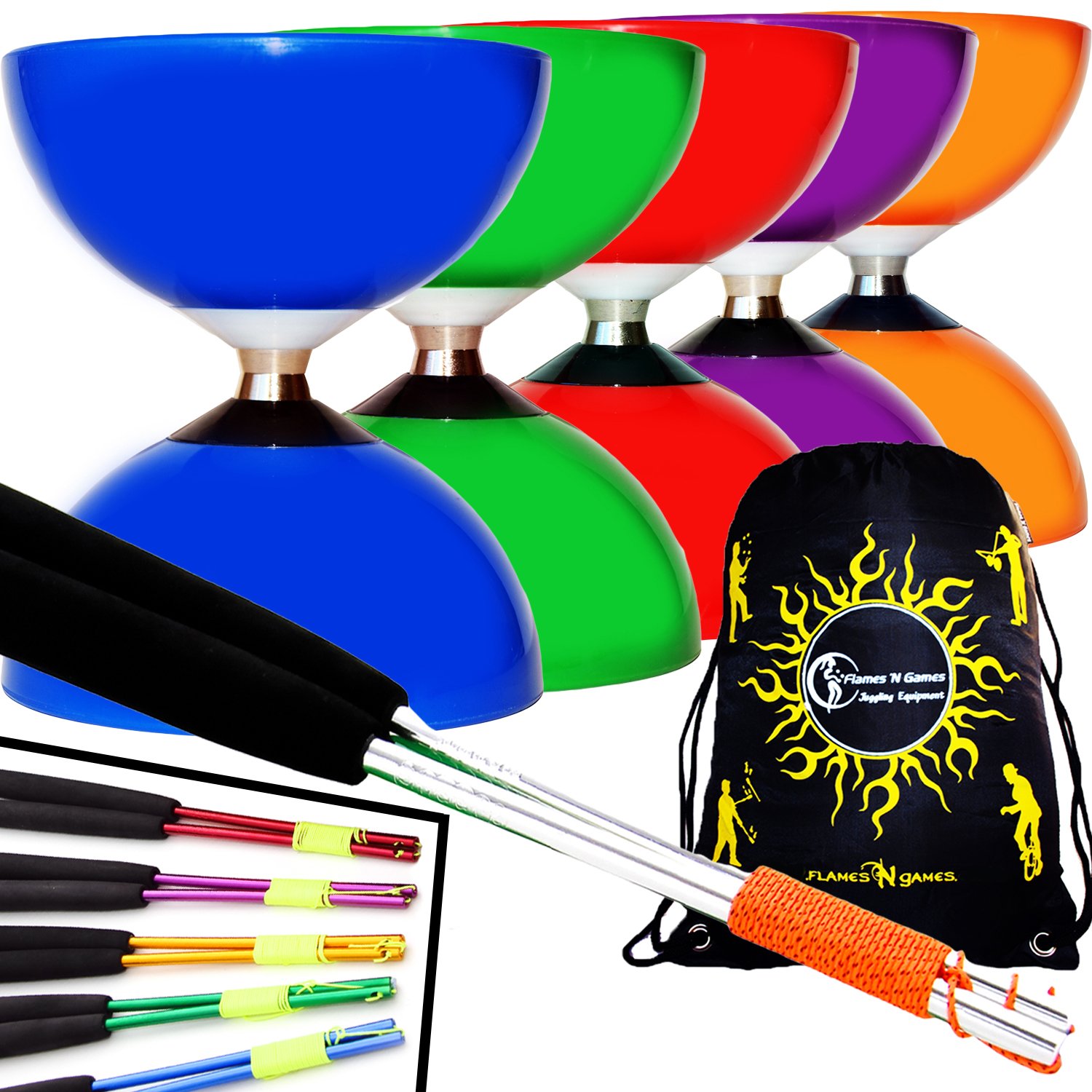 Juggle Dream CAROUSEL Ball Bearing Diabolo, Aluminium Metal Diabolo Sticks, String & Diabolos Travel Bag. (Red Diabolo + Green Handsticks)