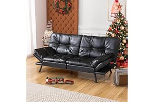 Cozysnooze Convertible Futon Sofa Bed Couch,Faux Leather Futon Sofa Couch,Memory Foam Futons,Small Splitback Modern Loveseat Sleeper Couch Bed for Living Room,Office,Apartment,Bright Black