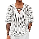Runcati Mens Lace Up Beach Shirts Hollow Out V Neck Half Sleeve T Shirts Knit Crochet See Through Summer Tops