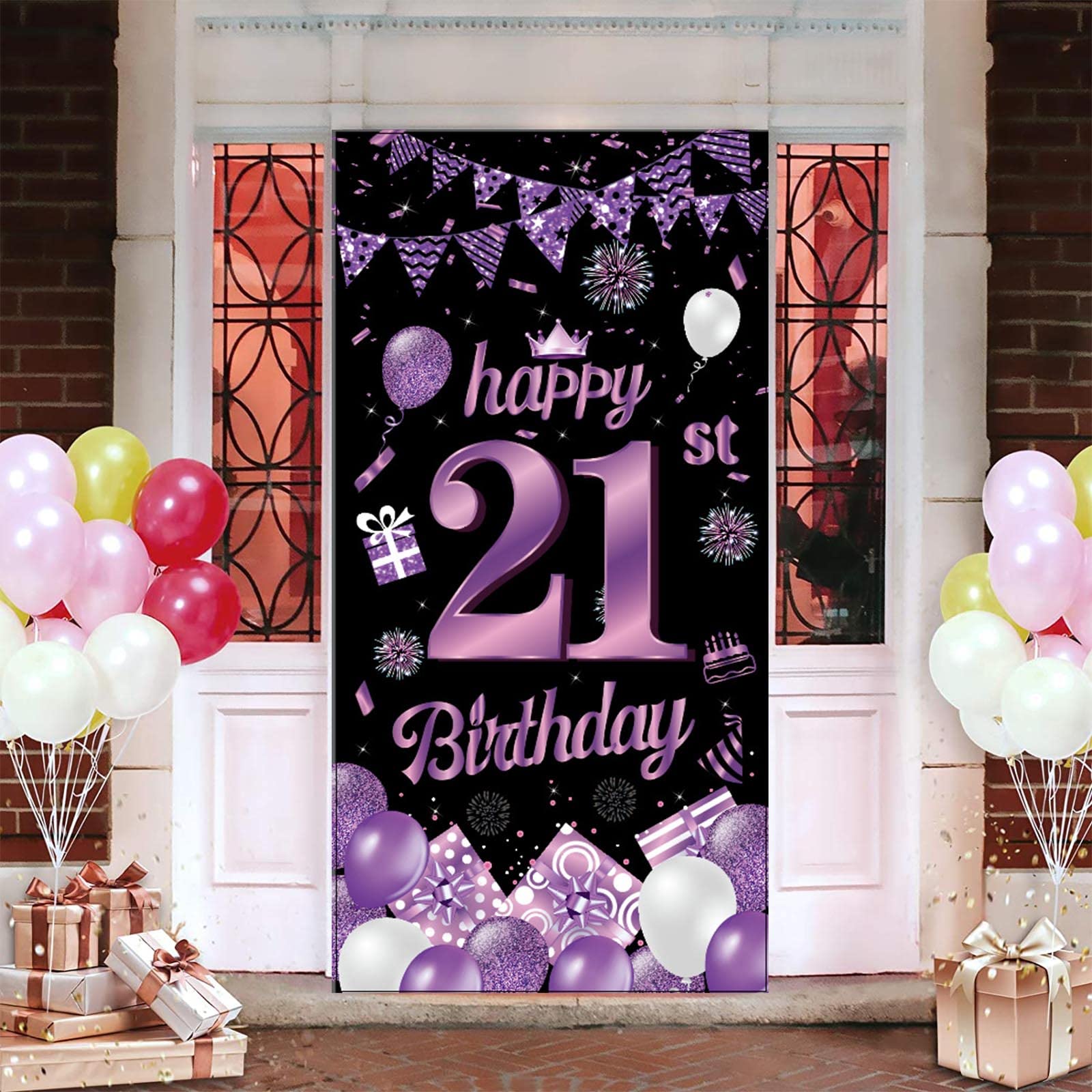 Minicloss Purple 21st Birthday Decoration Boy Girl, 21st Birthday Decoration Banner Background Happy 21st Birthday Door Banner Birthday Decoration for Garden Table Wall Decoration 180 x 90 cm