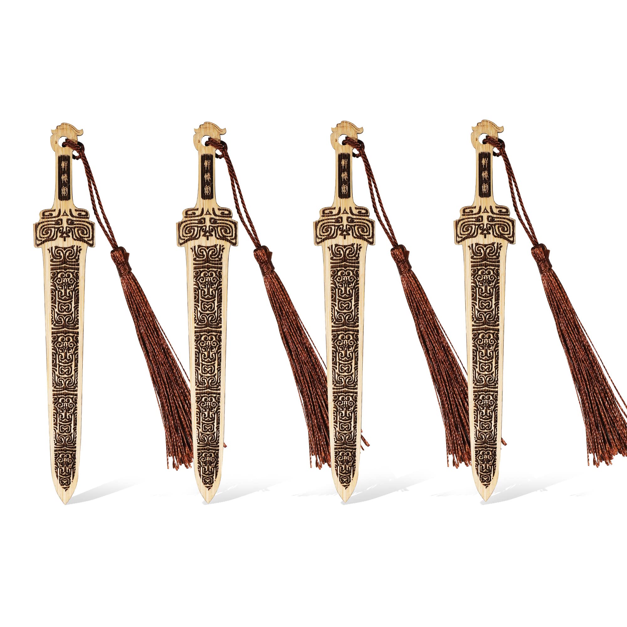 wocoxo Handmade Natural Bamboo Bookmarks with Tassels, Unique Vintage Style Reading Page Markers Bookmarks - 4Pcs (Sword Style)