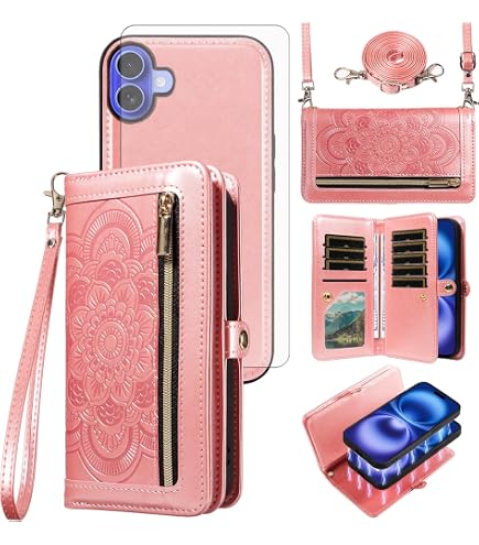 Coque Portefeuille Pour IPhone 16 Avec Verre Trempé – Simili-cuir PU, Portefeuille Intégré, Bandoulière Et Protection RFID