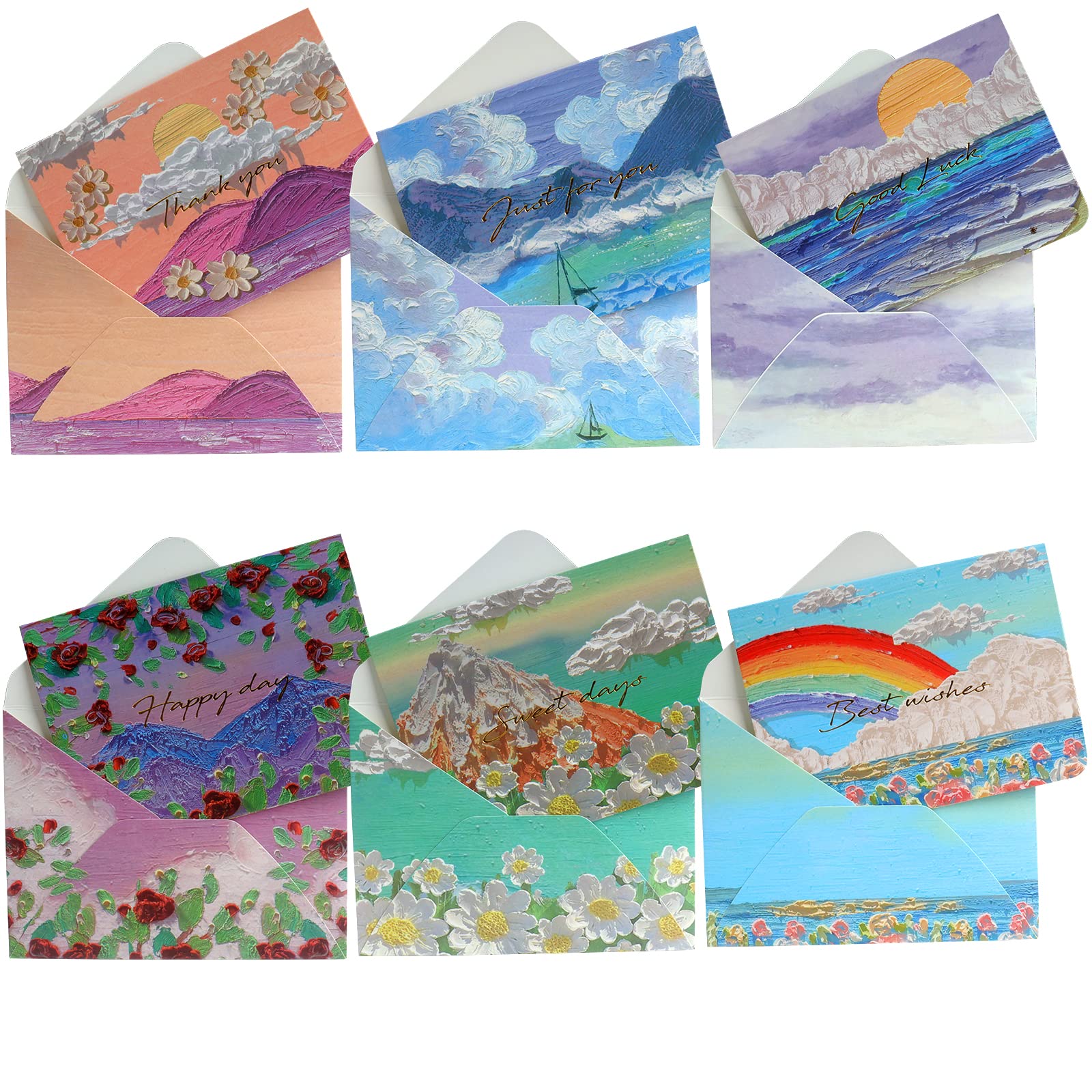 Roellgs 12 Thank You Cards with Envelopes and Thank You Stickers, Christmas Thanksgiving Mother's Day Invitation Card Thank You (Rainbow Oil Painting)