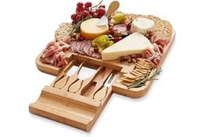Casafield Organic Bamboo Cheese Cutting Board & Knife Gift Set - Wooden Serving Tray for Charcuterie Meat Platter, Fruit & Crackers - Slide Out Drawer with 4 Stainless Steel Knives