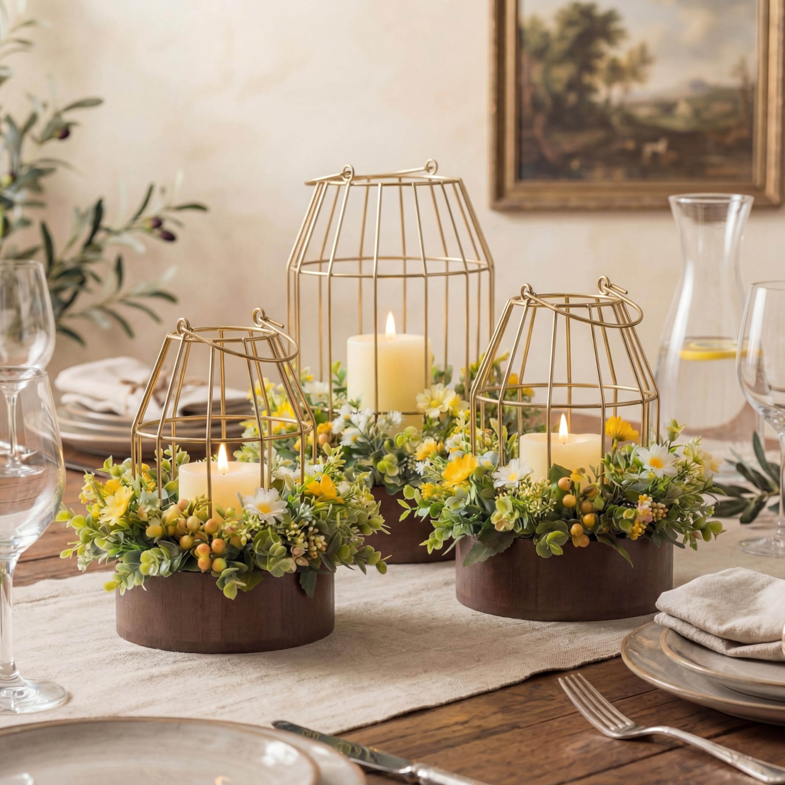 Photo 1 of (no candle/ no flowers) 3 Rustic Wire Metal Candle Cloche Decorative Indoor Vintage Cage Candle Holders Modern Home Decor for Fireplace Mantle Dining Room Table Centerpieces(Light Brown, Gold)
