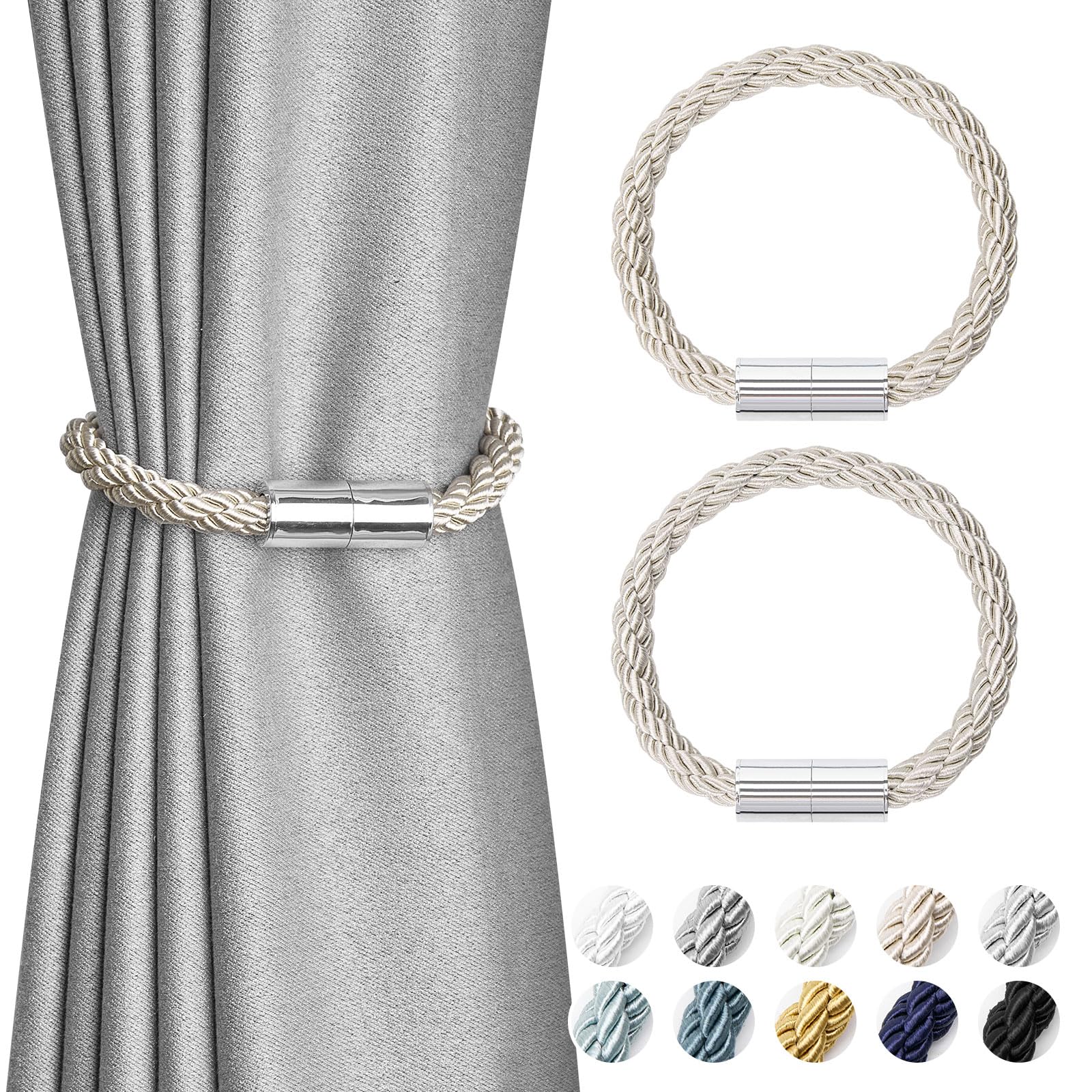 Pretty Jolly 2 Pack Mini Magnetic Curtain Tiebacks Modern Simple Style Drape Tie Backs Elegant Decorative Weave Rope Curtain Holdbacks for Home & Office Thin Window Draperies (Beige)
