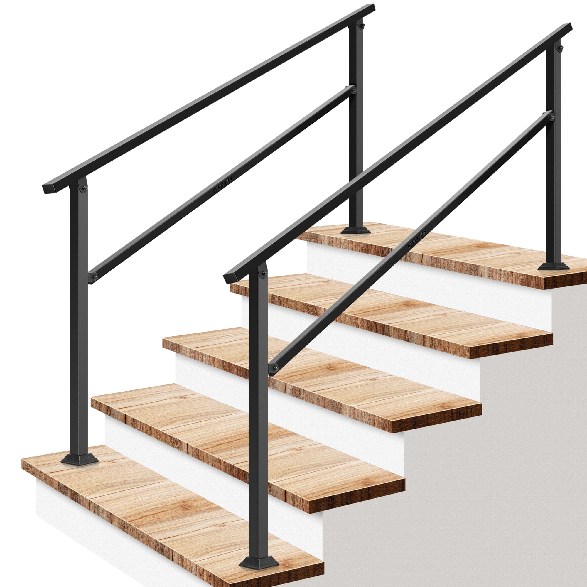 Photo 1 of VIVOSUN 2-Pack Outdoor Handrail, 5 Step Stair Handrail, 69" x 36" Fits 1 to 5 Steps, Wrought Mattle Iron Handrail for Concrete Steps, Porch Steps, One-Step Assembly, 2 Packs, Black