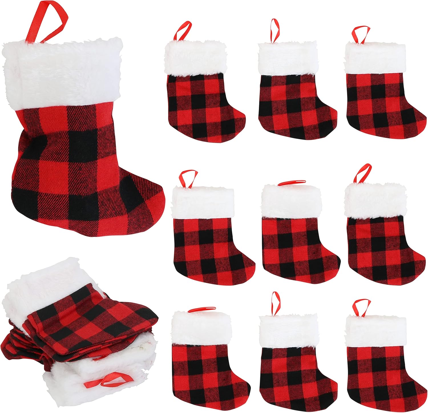 Stockings & Holders - Iconikal 24-Pack Mini Christmas Stockings, 6-Inch, Red Buffalo Plaid Decoration Ornament