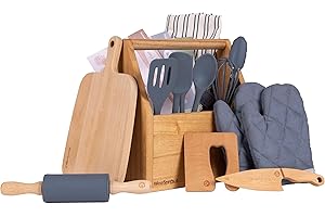 WeeSprout Little Chef Kids Cooking & Baking Set, 14 Piece Cooking Set with Real Kitchen Tools & Kids Apron, Baking Gift for Girls, Boys & Junior Chefs, Food Grade Materials, Choice of Colors