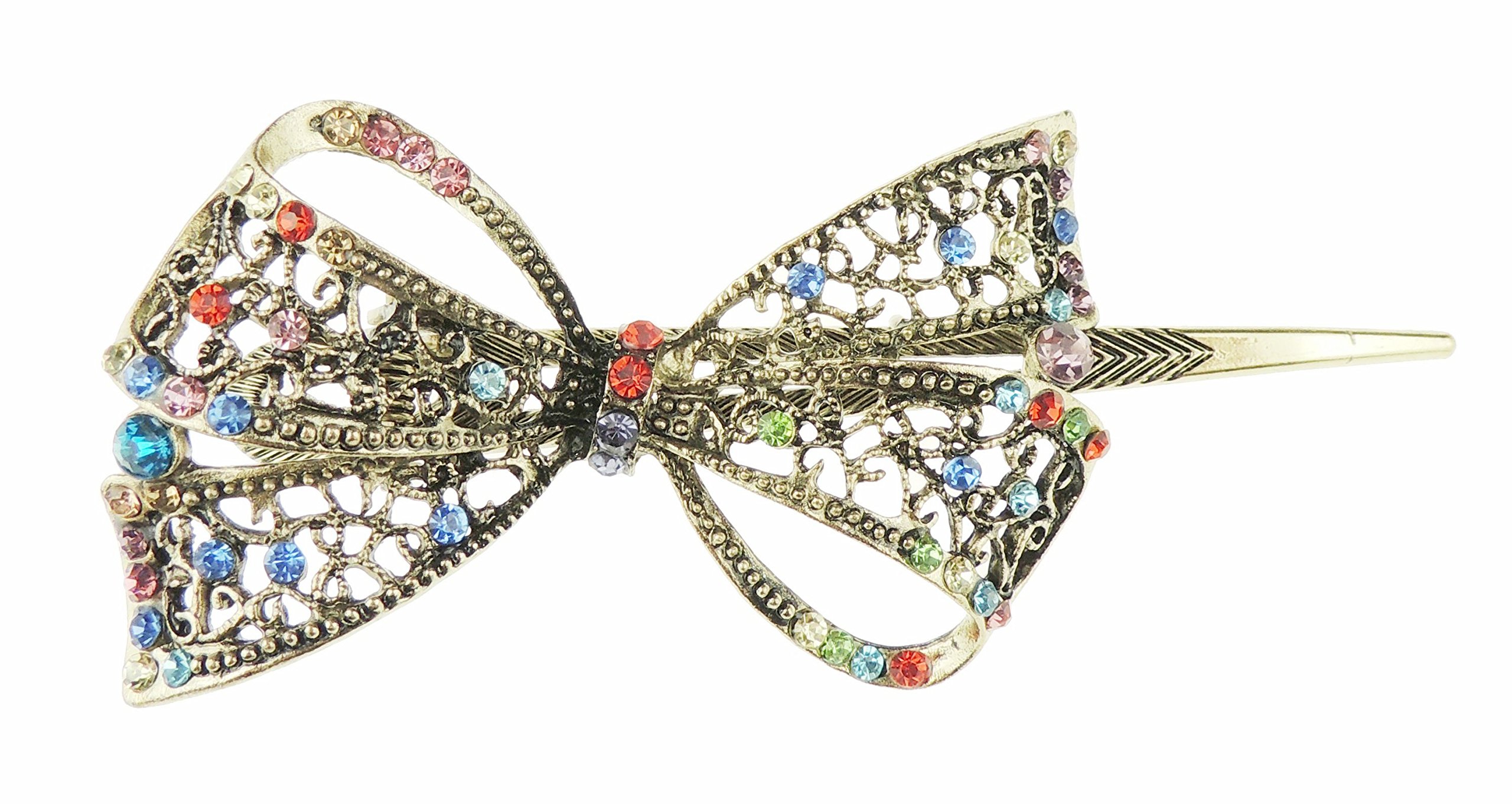 Womens Girls 10cm Chunky Vintage Diamante Crystal Wedding Birthday Party Bridal Wedding Fine Hair Occasion Barrette Hairpin Grip French Spring Clip Gold Tone Multi-Coloured Hair Concord Clip Bow