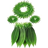 Skylety Hawaiian Leaf Hula Skirt and Leis Set Include Tropical Headband Fern Leaf Wristlet Green Grass Hula Skirt for Hawaiian Costume Halloween Luau Party Supplies for Adult Women