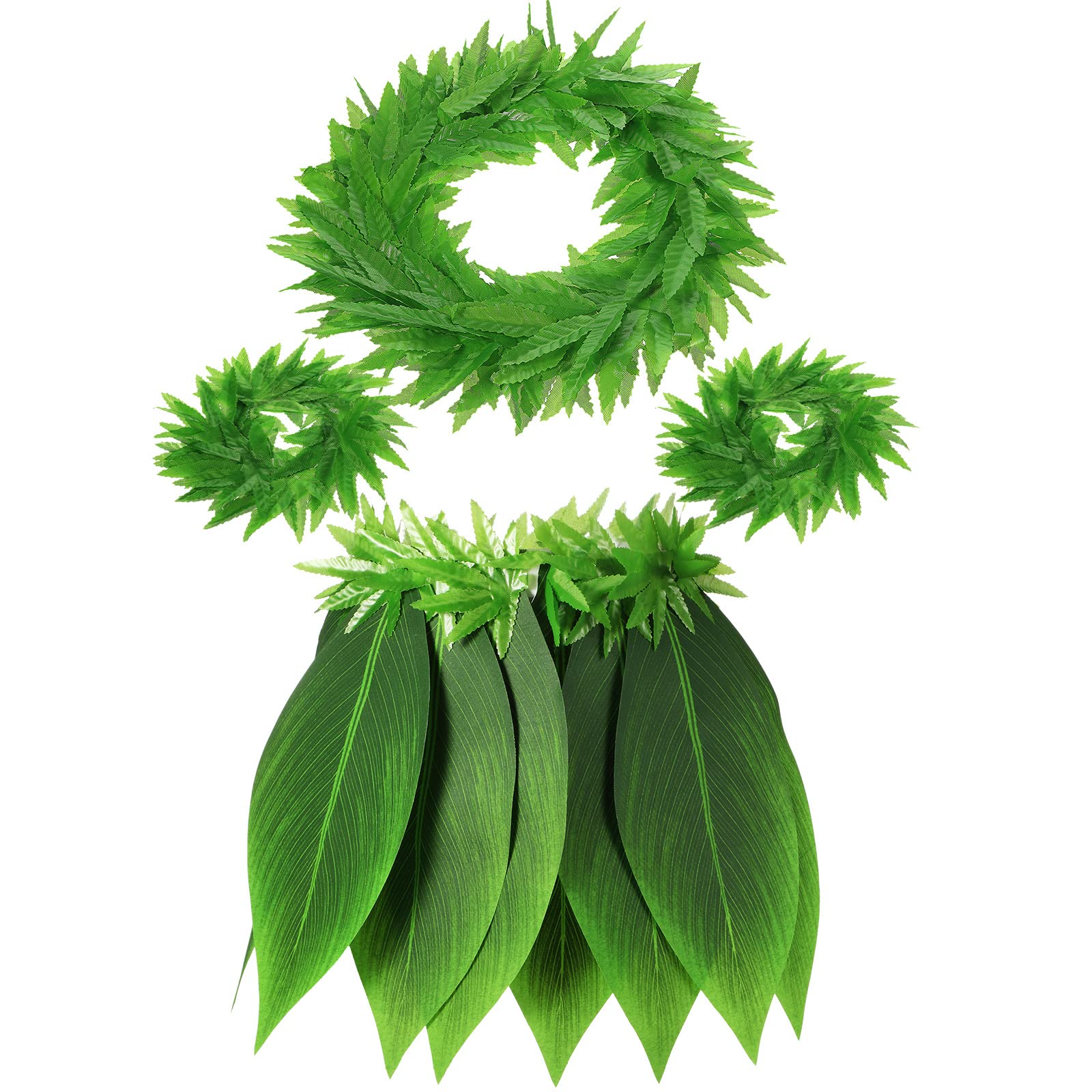 Photo 1 of Skylety Hawaiian Leaf Hula Skirt and Leis Set Include Tropical Headband Fern Leaf Wristlet Green Grass Hula Skirt for Hawaiian Costume Halloween Luau Party Supplies for Adult Women