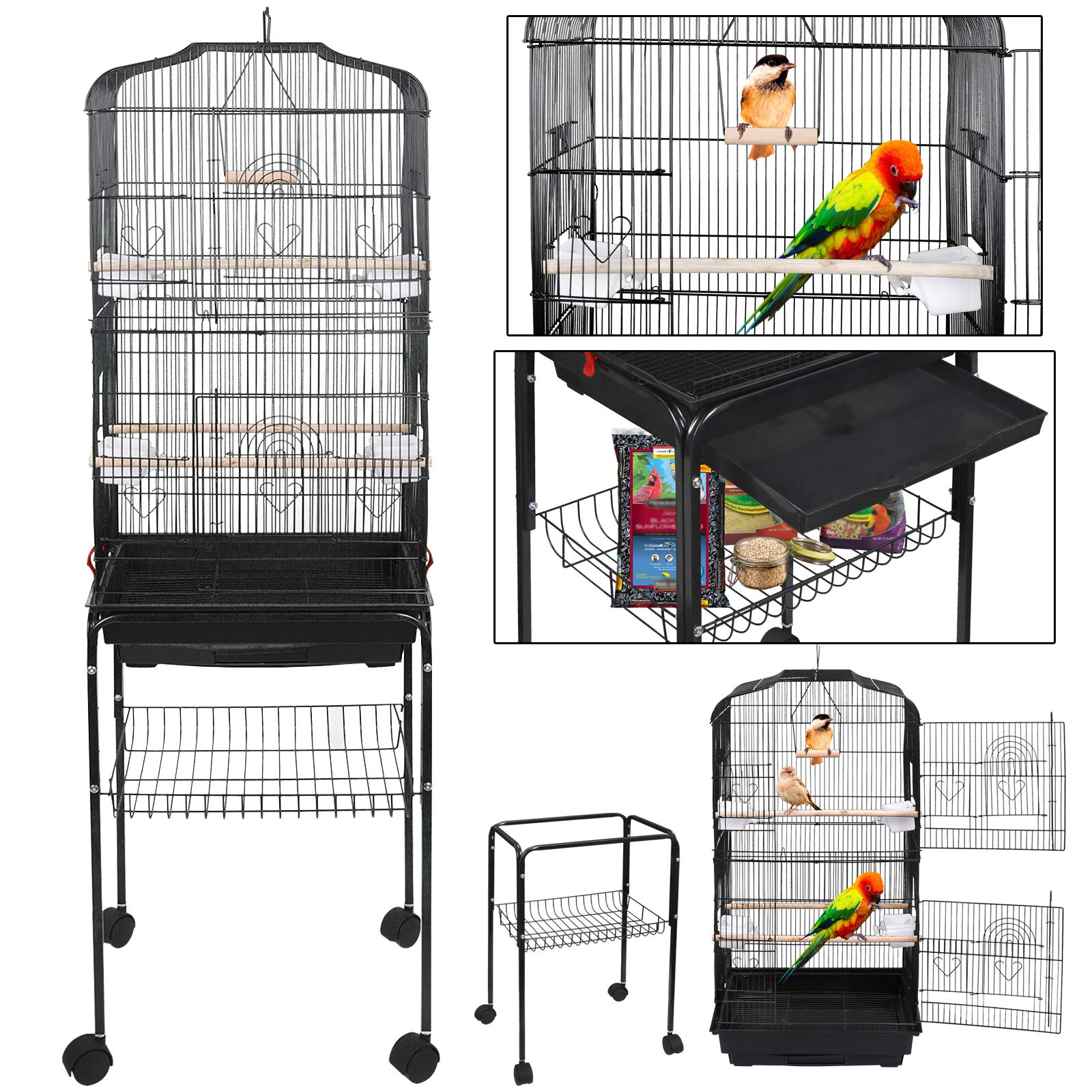 SUPER DEAL 59.3''/53'' Rolling Bird Cage Large Wrought Iron Cage for