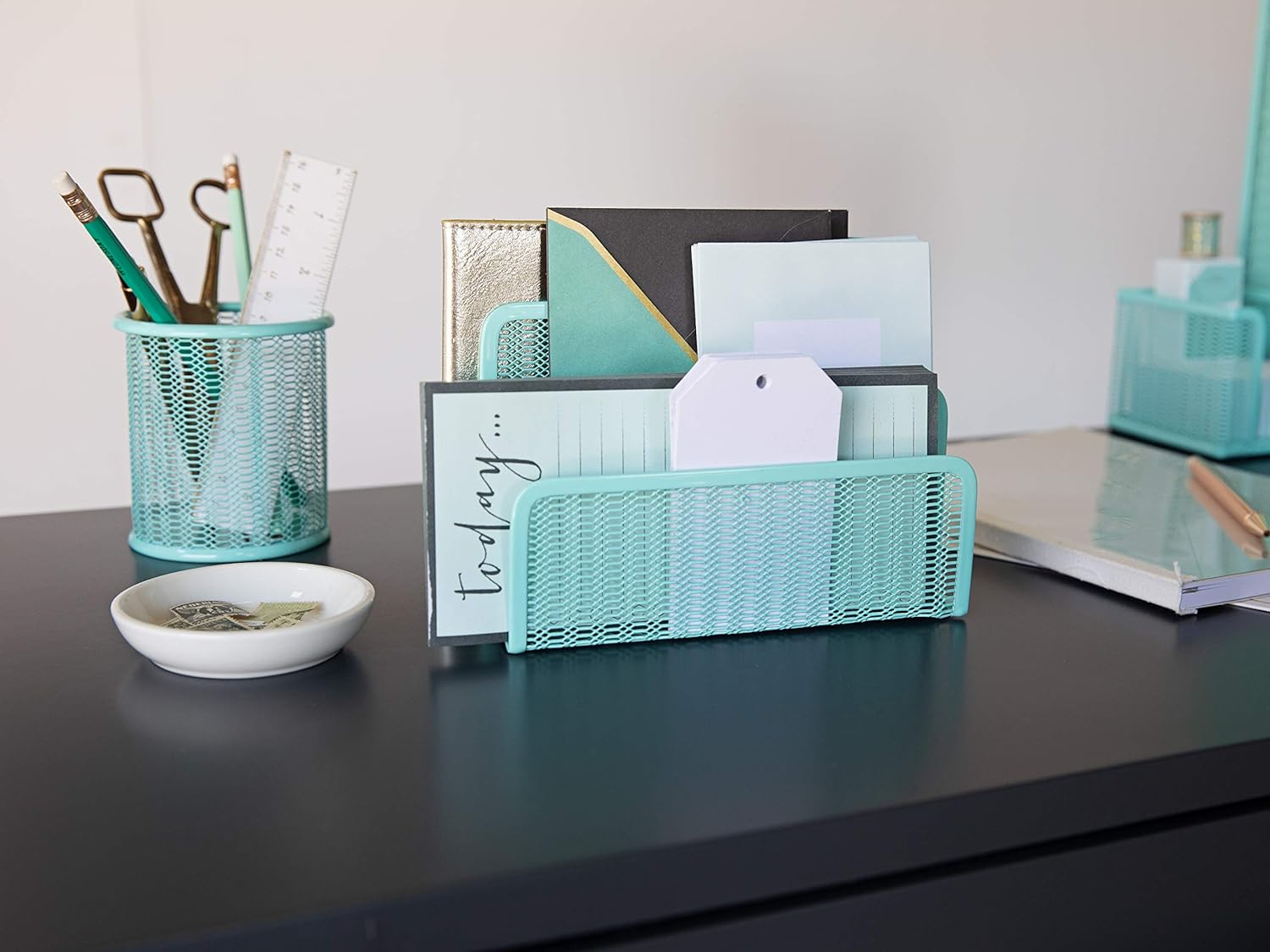 Blu Monaco 5 Piece Cute Office Supplies Aqua Desk Organizer Set - with Desktop Hanging File Organizer, Magazine Holder, Pen Cup, Sticky Note Holder, Letter sorter - Aqua Desk Accessories: Home Improvement