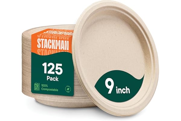 100% Compostable Paper Plates, Heavy Duty Disposable Plates [125-Pack] 9 Inch Plates - Eco-Friendly, Biodegradable Sugarcane Bagasse, Natural Unbleached Brown 9" Dinner Paper Plate Disposable