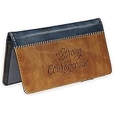 Christian Art Gifts Premium Vegan Leather Scripture Checkbook Cover for Men & Women: Strong & Courageous Inspirational Bible Verse, Duplicate Checks, ID & Cards, Pen Loop, Brown & Navy Blue