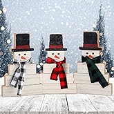 Glenmal 3 Pcs Winter Snowman Table Decorations White Christmas Snowman Wooden Sign Rustic Farmhouse Snowmen Tiered Tray Decor with Plaid Scarf for Home Party Holiday Decor