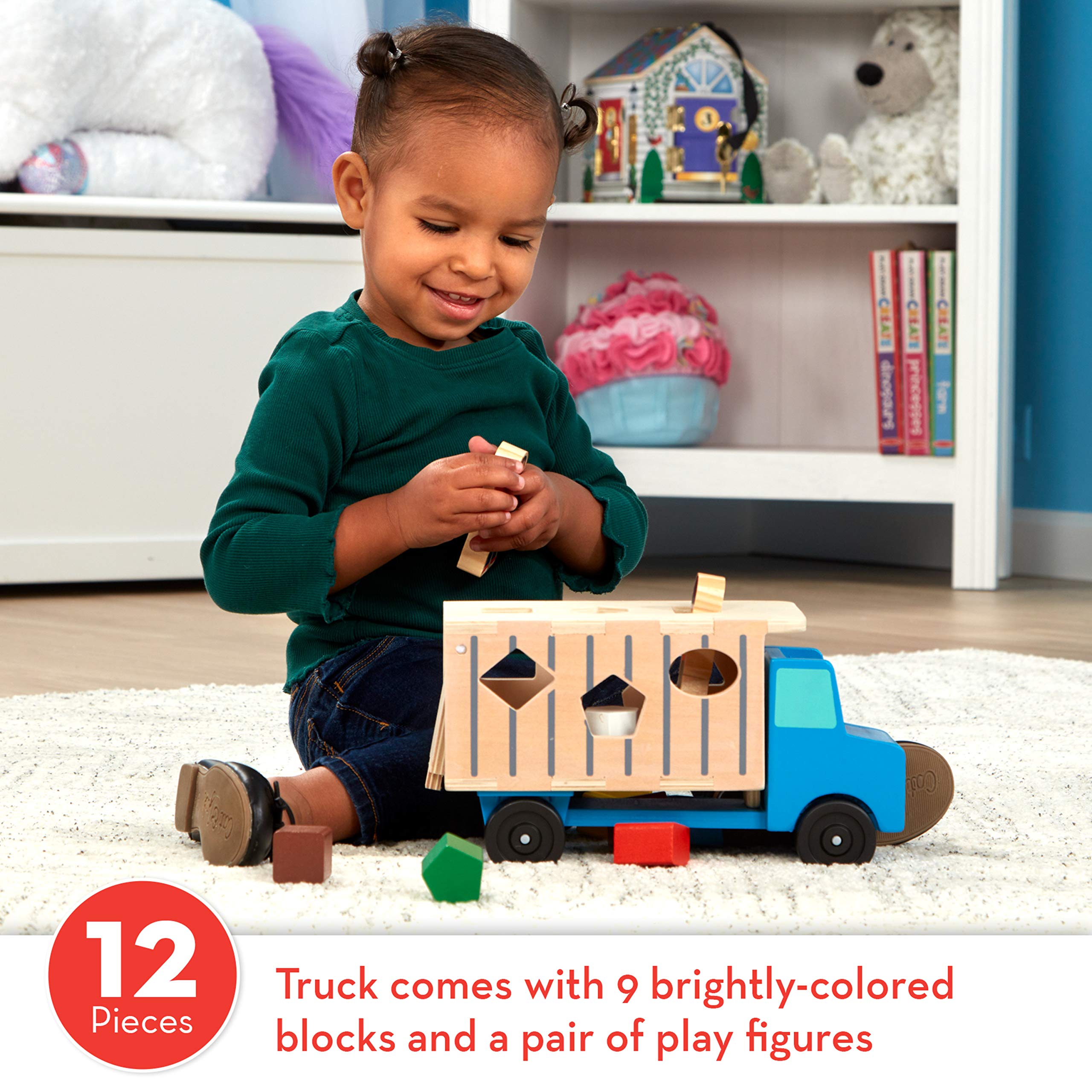 Melissa & Doug Shape-Sorting Wooden Dump Truck Toy with 9 Colorful Shapes and 2 Play Figures Wooden Vehicle Toys, Shape Sorter Toys for Toddlers Ages 2+