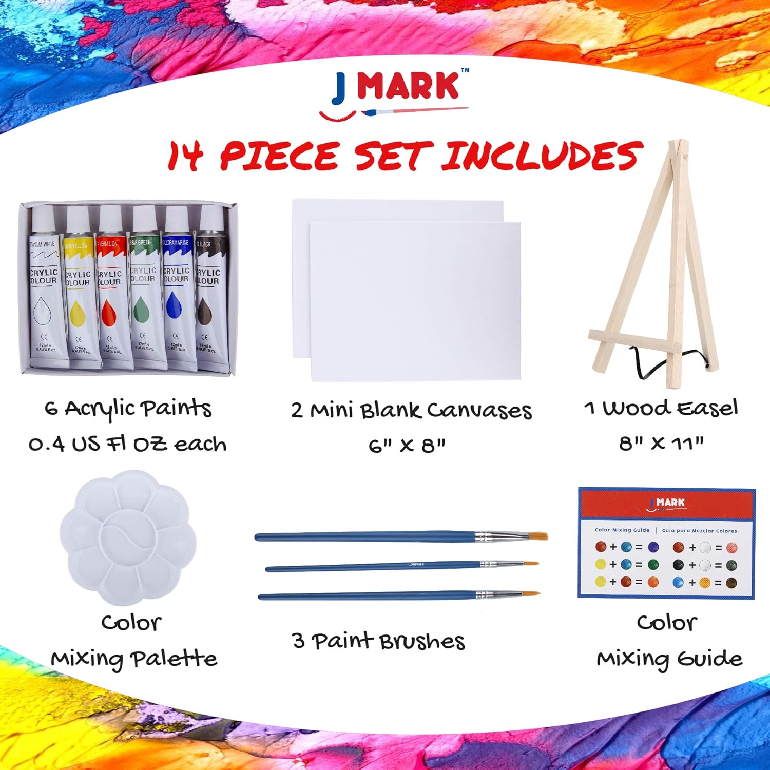 Art Canvas Paint Set Supplies – 14-Piece Mini Canvas Acrylic Painting Kit with Wood Easel, 6x8 inch Canvases, 6 Non Toxic Washable Paints, 3 Brushes, Palette and Color Mixing Guide