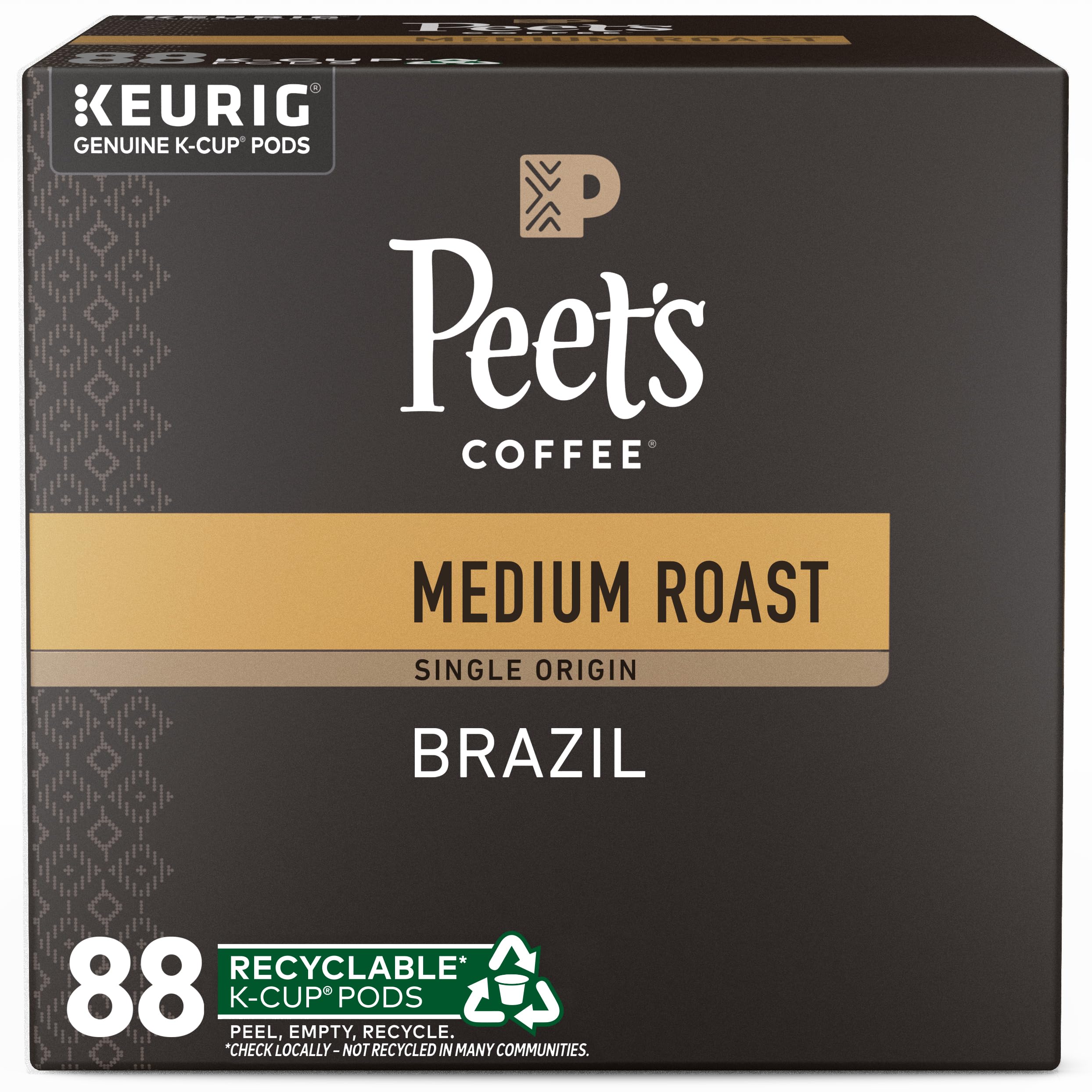 Peet's Coffee, Medium Roast Keurig K-Cup Pods, 100% Arabica Coffee - Single Origin Brazil 88 Count (4 Boxes of 22 Pods) Image