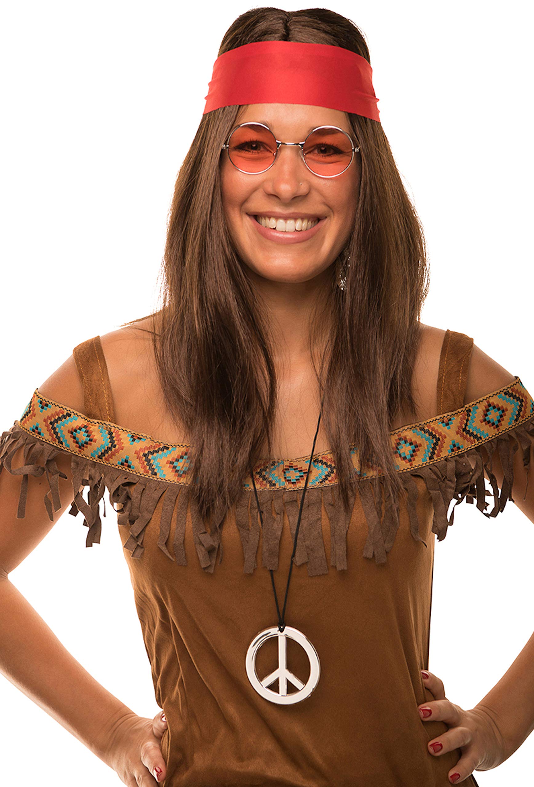 Balinco Hippie Set with Wig + Round Sunglasses + Peace Pendant + Red Headband for Ladies & Men 70s Carnival