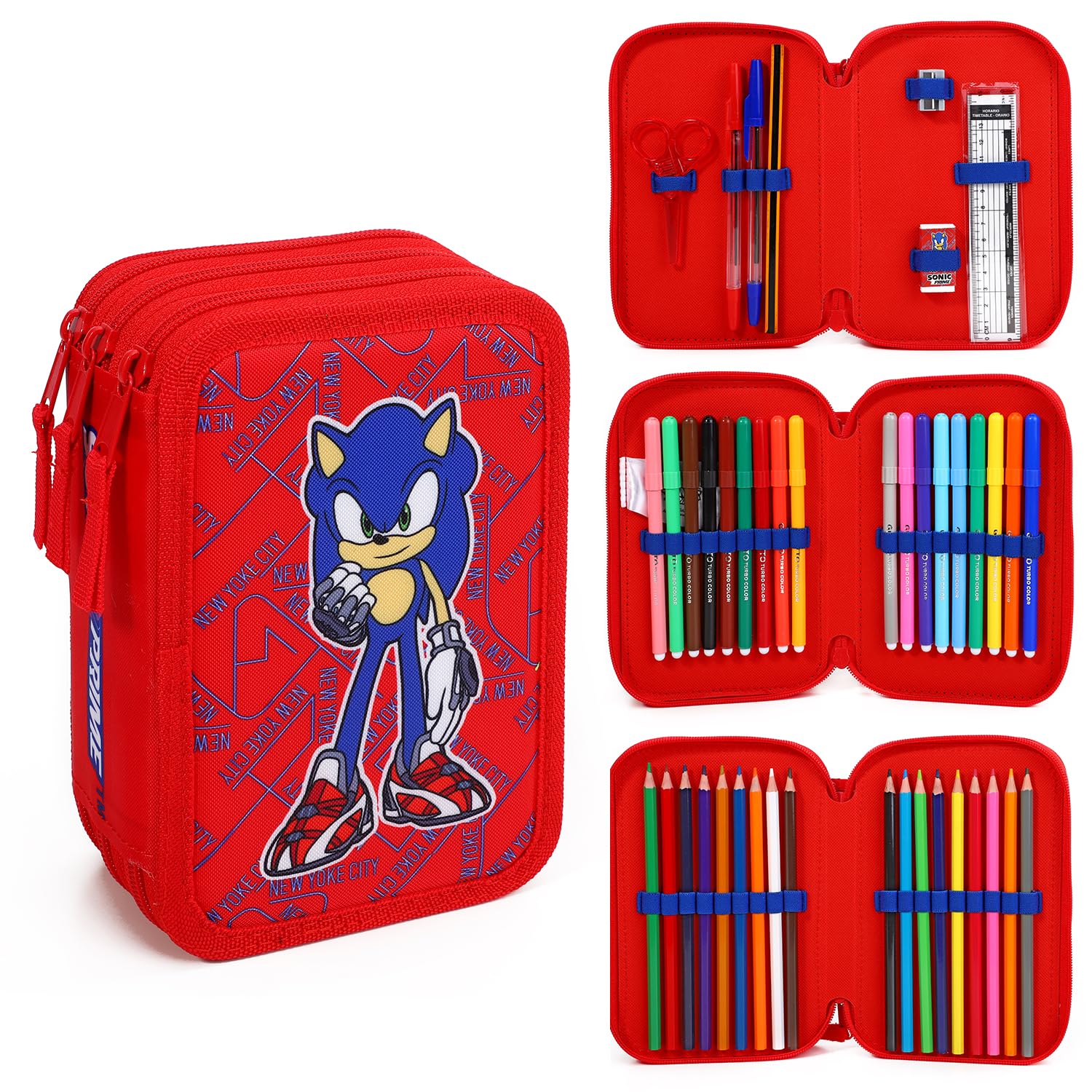 CERDÁ LIFE'S LITTLE MOMENTS Sonic The Hedgehog 3 Tier Large Pencil Case Multi Compartment School Supplies Stationery Colouring Pens Pencils Sets