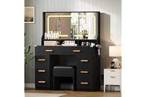 Garvee 42" LED Makeup Vanity Desk Set with Large Mirror, 8 Drawers & Charging Station, Modern Dressing Table with Glass Top, 