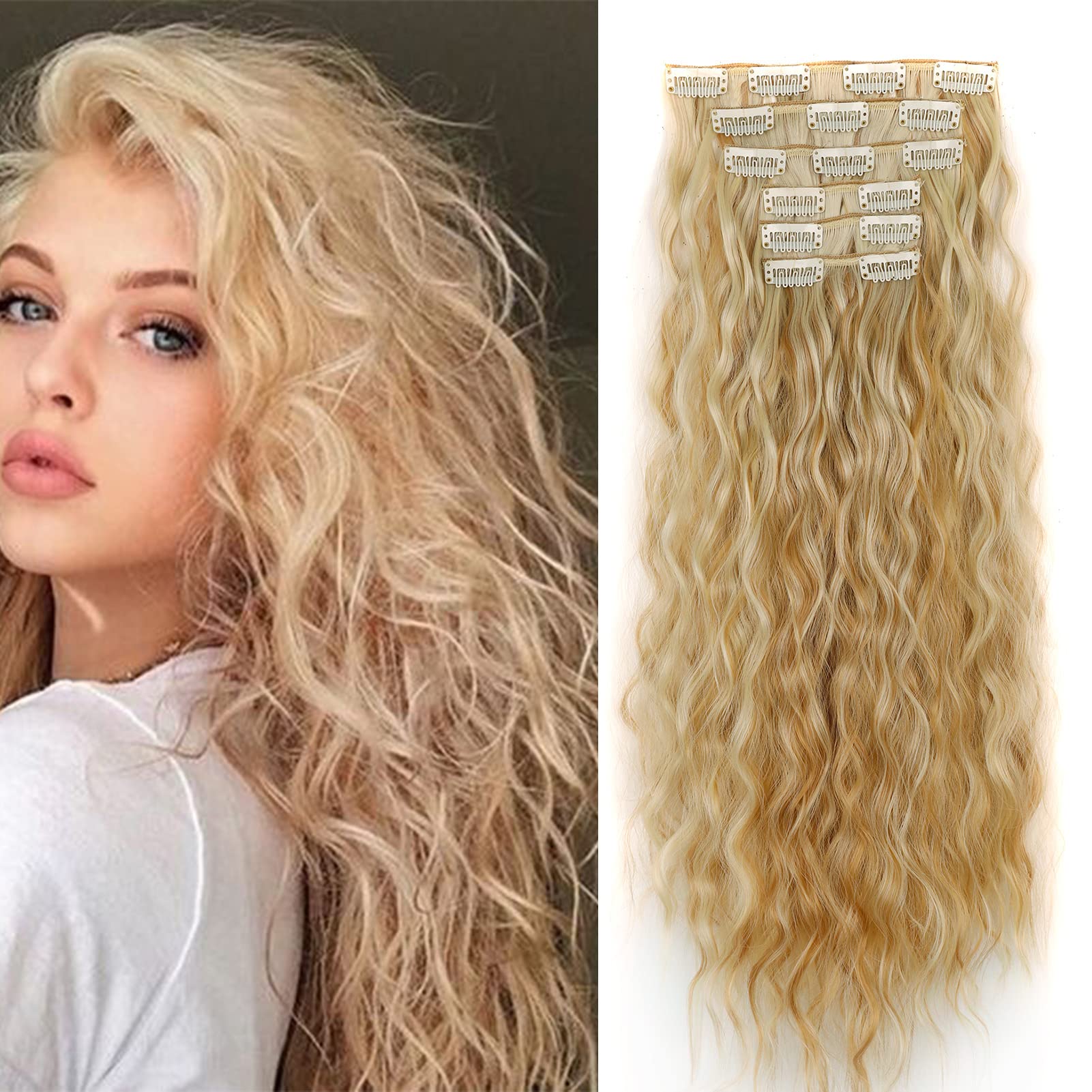 Gairyan Clip in Hair Extensions Curly Wavy Long Hair Pieces 6PCS Full Head Synthetic Hair Extension Thick Natural Look for Women, 20 Inches 140g, Dark Blonde & Bleach Blonde