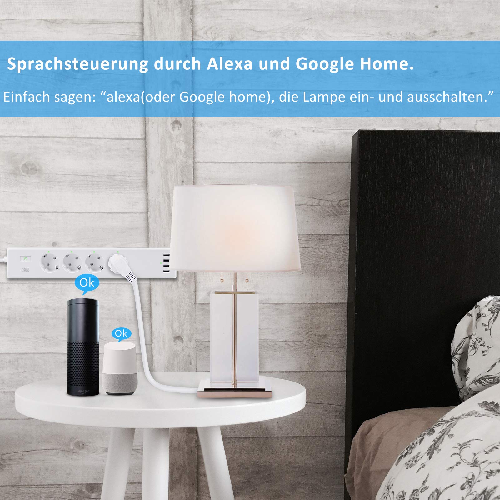 Smart Steckdosenleiste Intelligente WLAN Mehrfachsteckdose mit Überspannungsschutz Wifi Steckdosen 4 Fach AC-Ausgänge und 4 USB-Voice Control mit Amazon Alexa [Echo, Echo Dot], Google Home und IFTTT mit App Fernsteuerung für iOS und Android