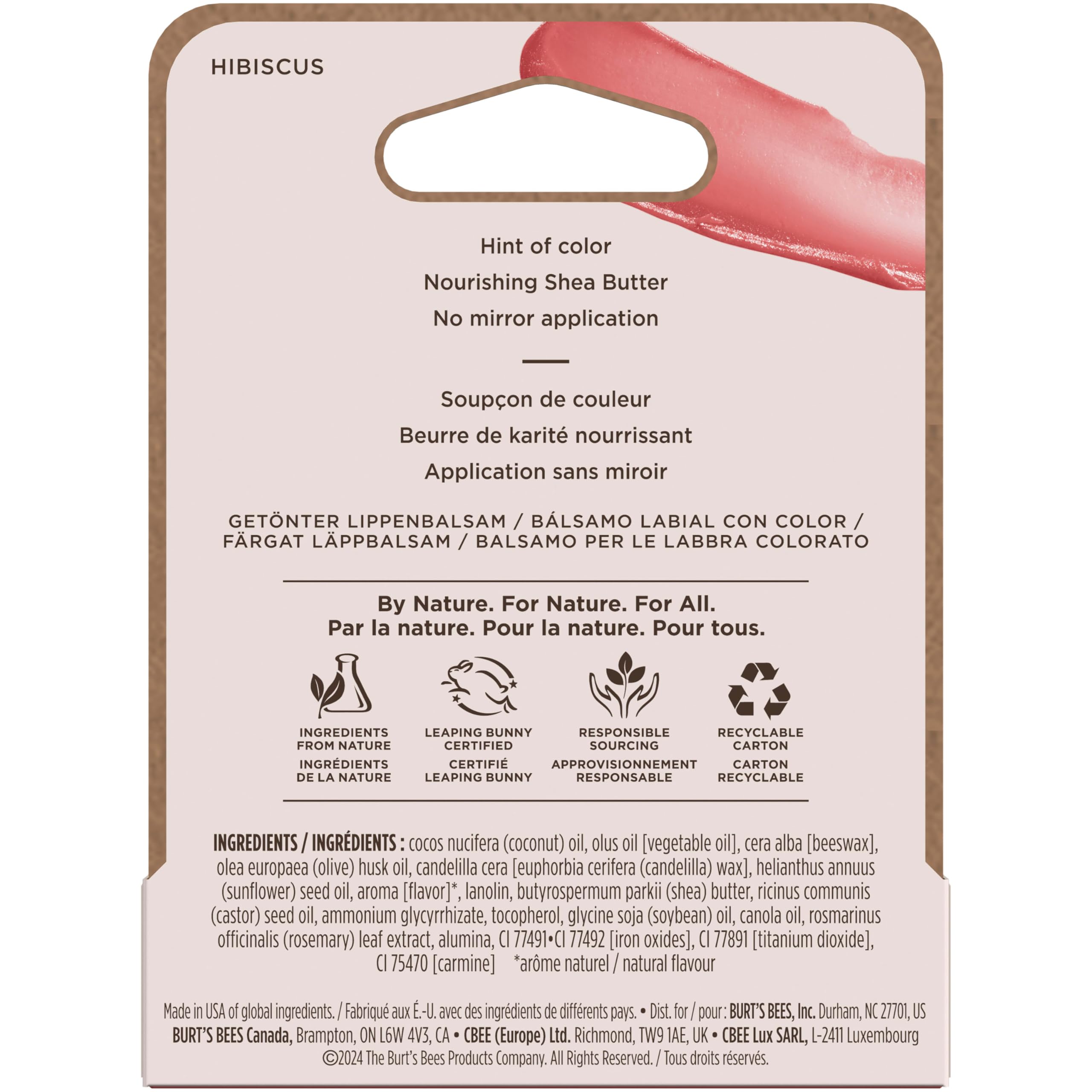 Burt's Bees Lip Tint Balm, Long Lasting 2 in 1 Duo Tinted Balm Formula, Color Infused with Hydrating Shea Butter for a Natural Looking Buildable Finish, Hibiscus, 1 Tube