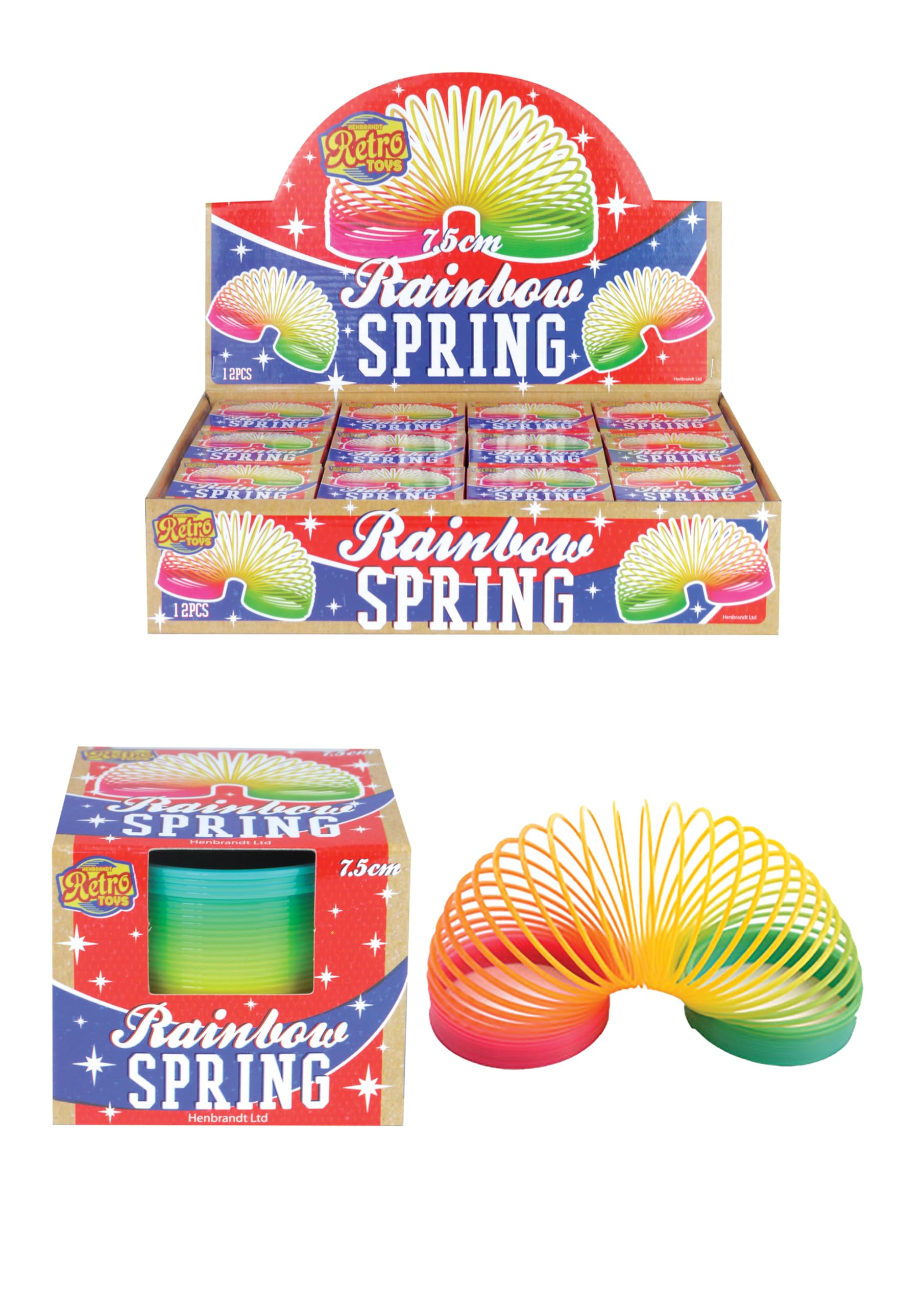 HENBRANDT Pack of 12 Plastic Rainbow Spring Toy for Kids 7.5cm Boxed Magic Spring Toys Retro Party Bag Fillers Lucky Dip Class Gifts Home School Rewards for Boys and Girls