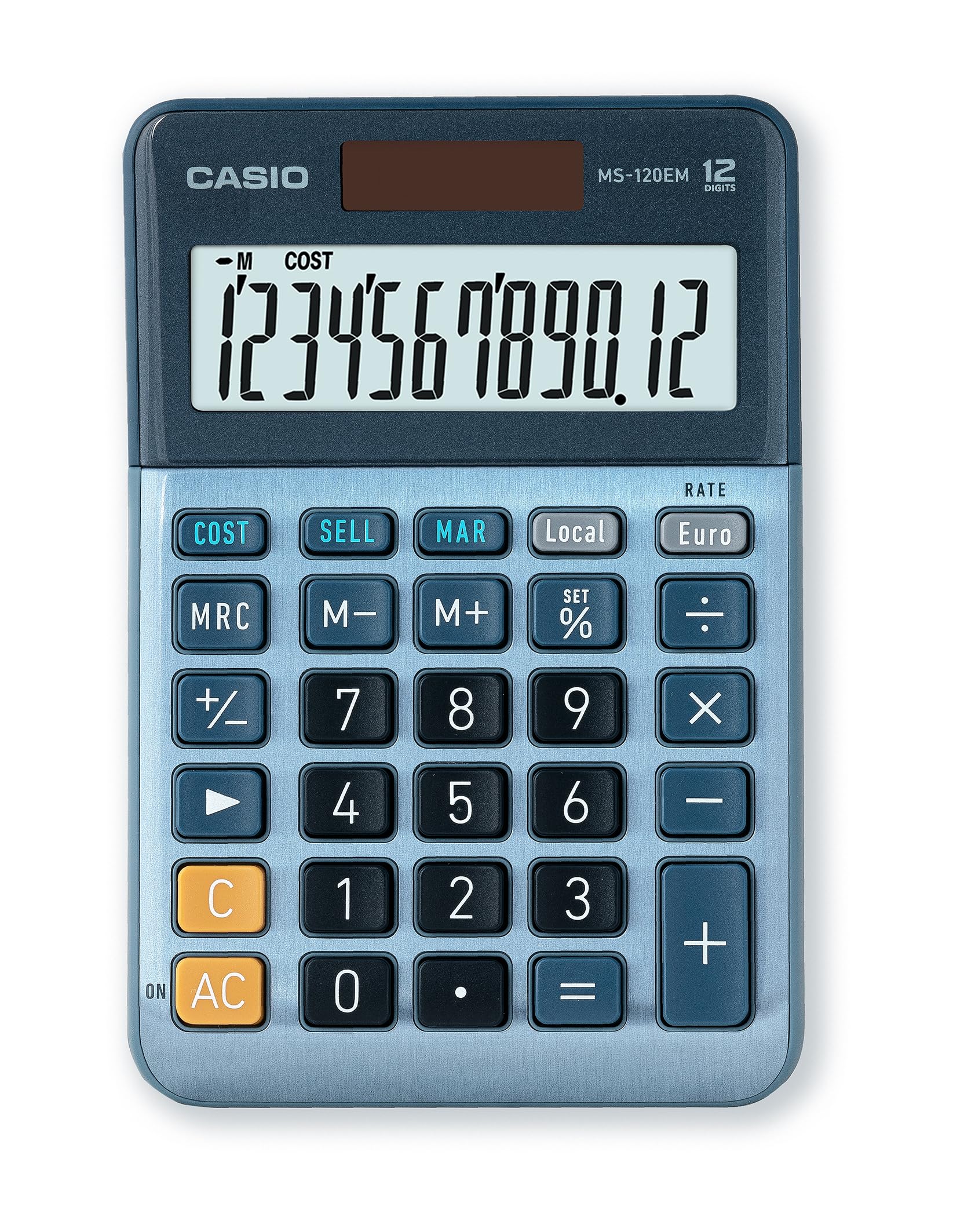 CASIO MS-120EM Desktop Calculator 12 Digit Currency Conversion Cost/Sell/Margin, Aluminium Front, Solar/Battery Operated, blue