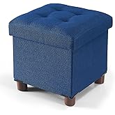 BRIAN & DANY Small Ottoman with Storage, Small Storage Ottoman, Folding Foot Stool with Wood Legs for Living Room and Bedroom Linen Rest Seat, 12.6"x12.6"x12.8" - Blue