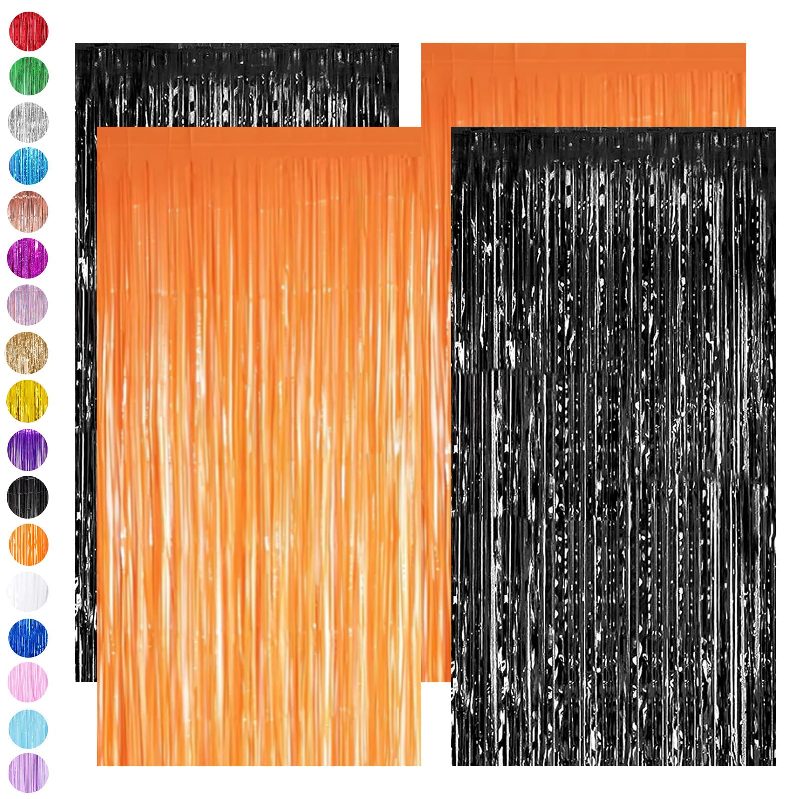 Black Orange Tinsel Curtain Party Backdrop Glitter,4P 3.2ft x 6.5ft Foil Curtain Halloween Decorations,Foil Fringe Streamers Metallic Tinsel Door Hanging Foil Flow Silk Streamers for Black Party