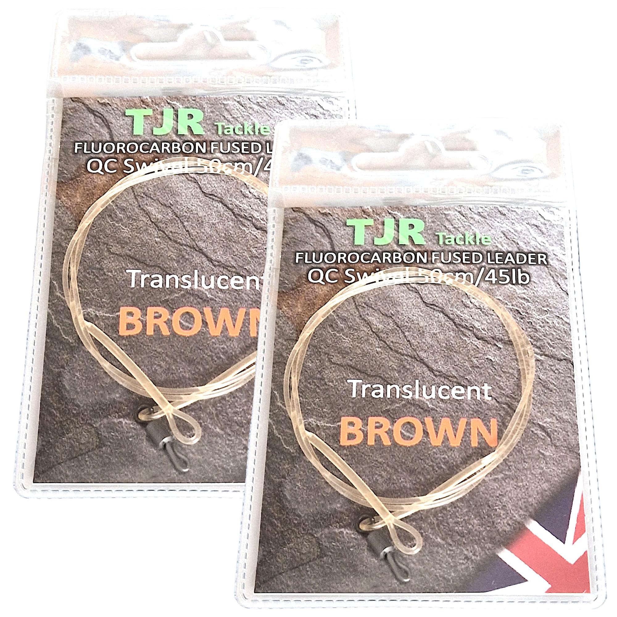 Twin pack fluorocarbon 50cm carp Leaders Quick Change swivels fused loop 3 colour options (Translucent Brown)