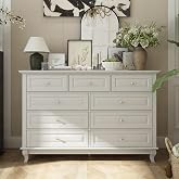 FUNISIR 9 Drawer Dresser for Bedroom, White Dresser with Rubberwood Legs | Modern Dresser with 9 Drawers, Chests of Drawers for Entryway &amp; Hallway, 15.7" D x 55.1" W x 37.0" H