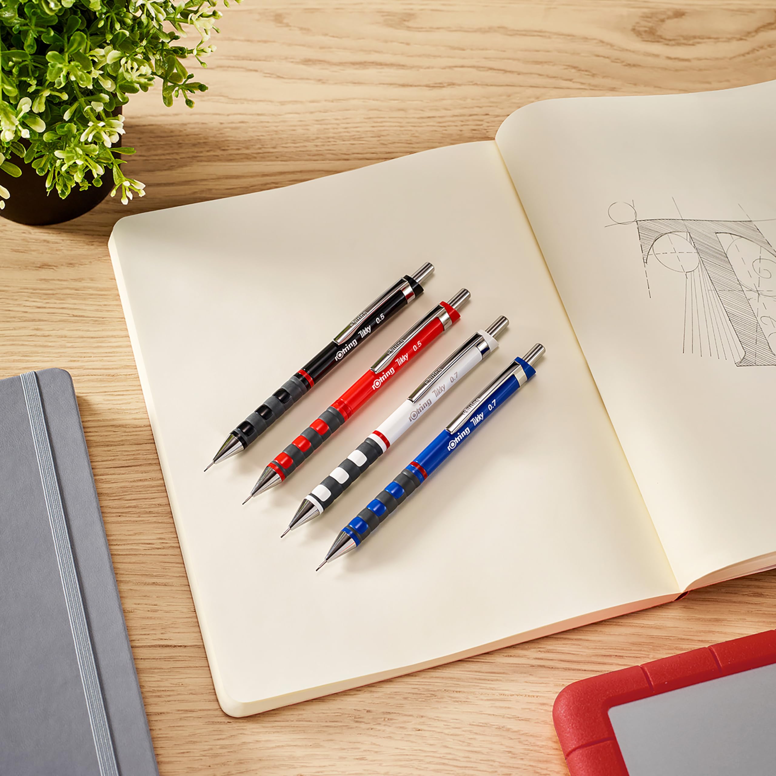 rOtring Tikky Set aus FeinminenstiftKugelschreiberRadierer und Ersatzminen | Bleistift mit HB-Mine0,5 mm | Schreibgerät mit mittelgroßer Spitze | Schwarz | Leicht mit gummierter Griffzone 4