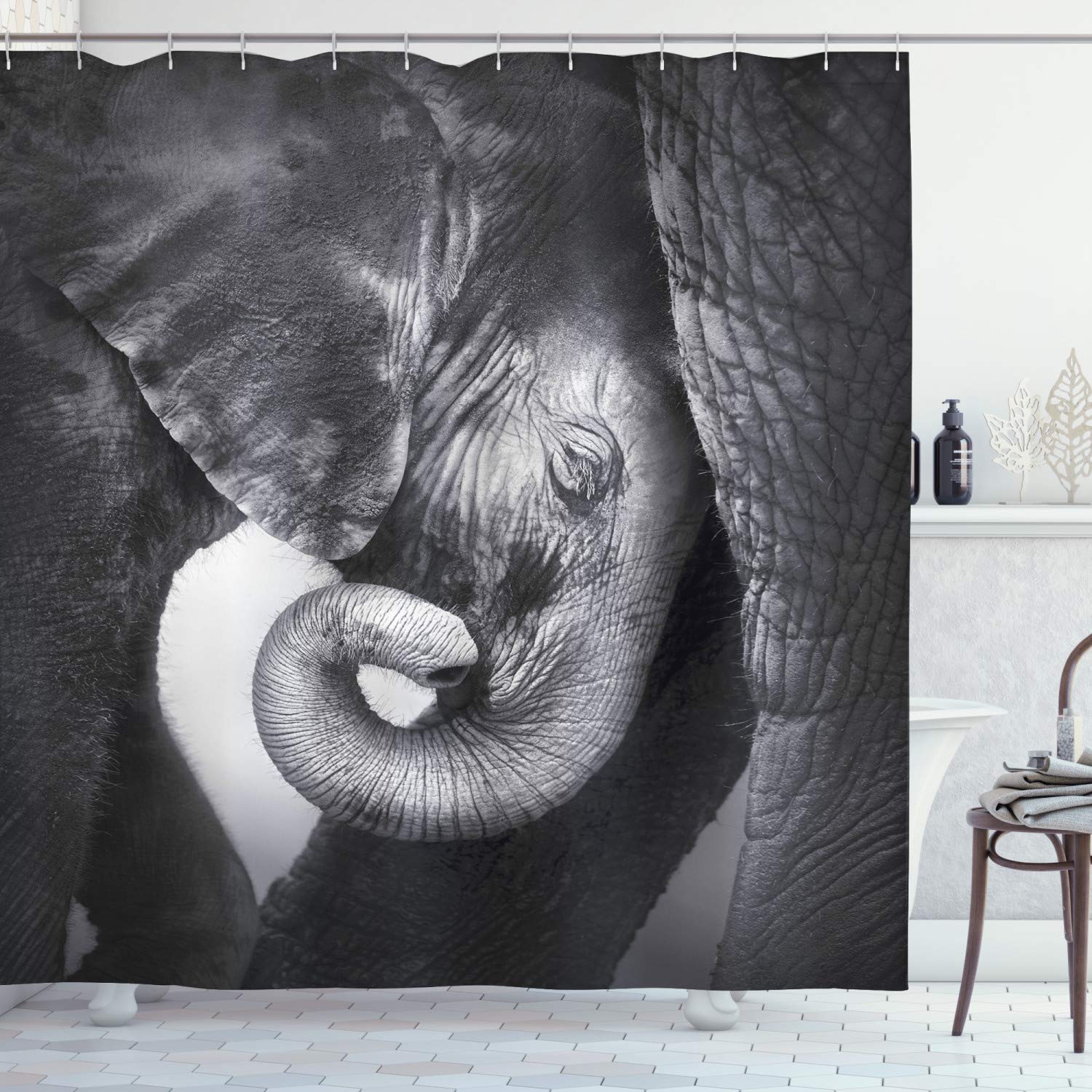 ABAKUHAUS Elephant Shower Curtain, Baby Elephant Seeking Comfort Against Mother Monochrome Art Portrait, Cloth Fabric Bathroom Decor Set with Hooks, 78 Inches, Charcoal Grey Pale Grey